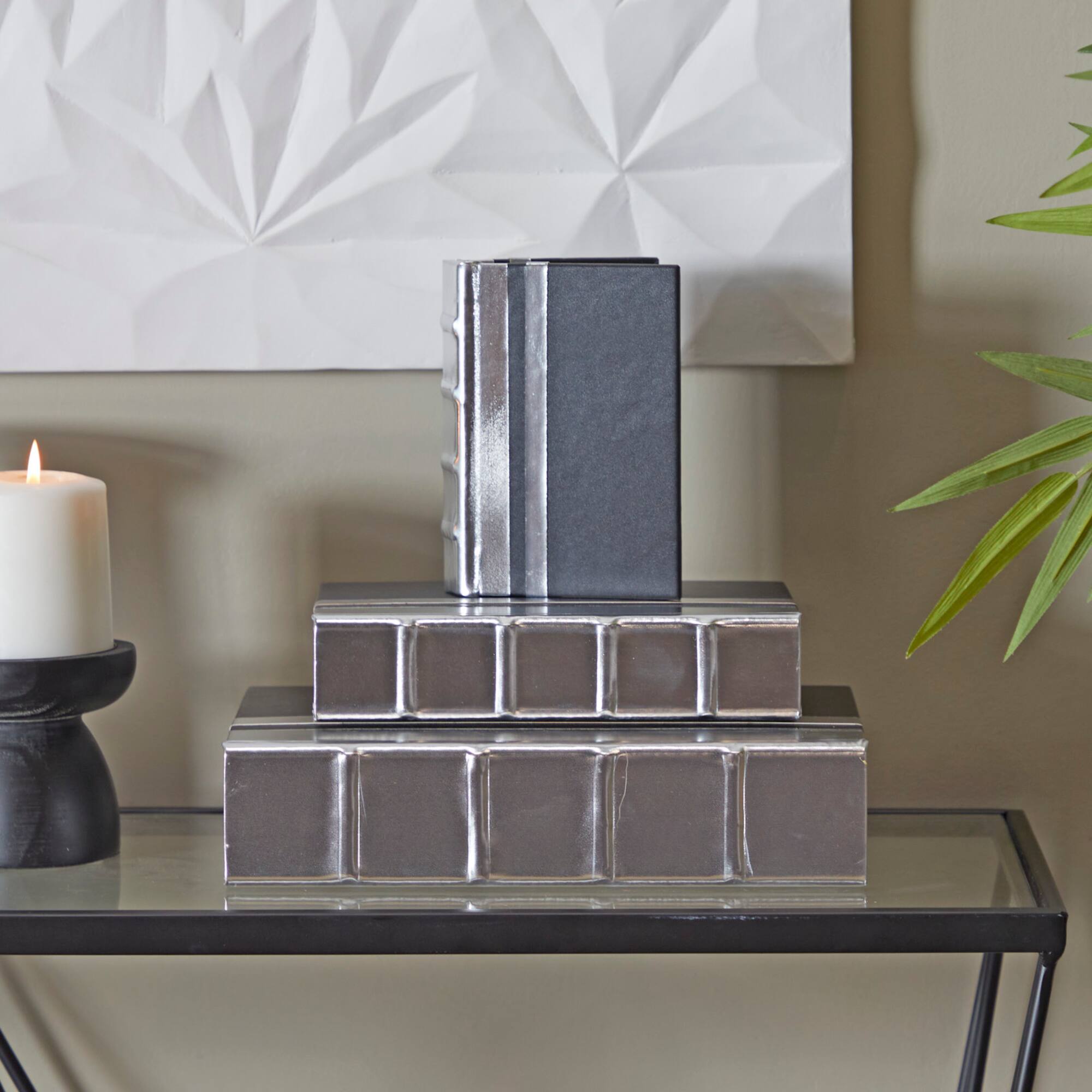 CosmoLiving by Cosmopolitan Silver Faux Leather Faux Book Box with Metallic Finish Set